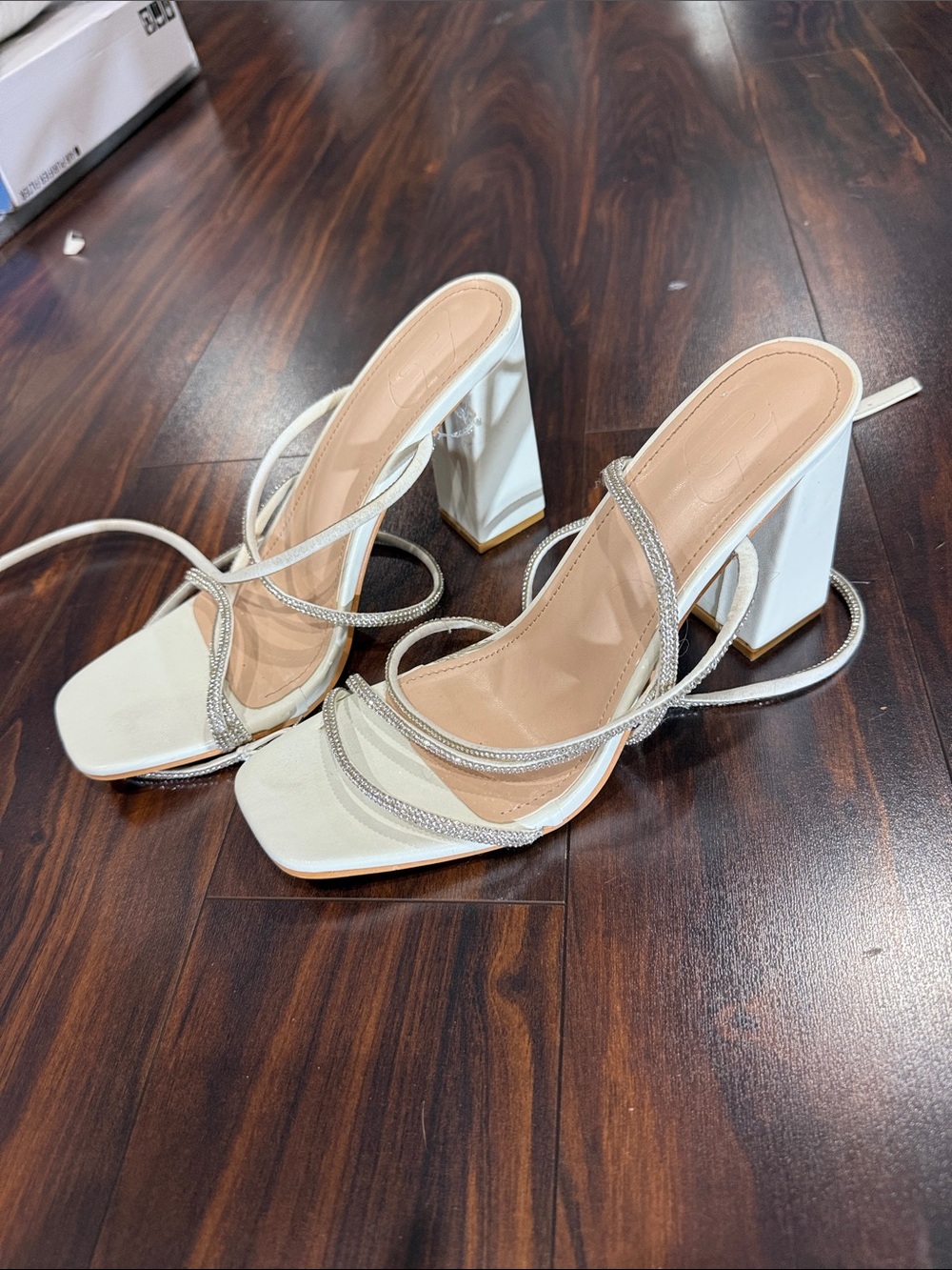 Strappy Block Heel Sandals in White with Rhinestone Accents